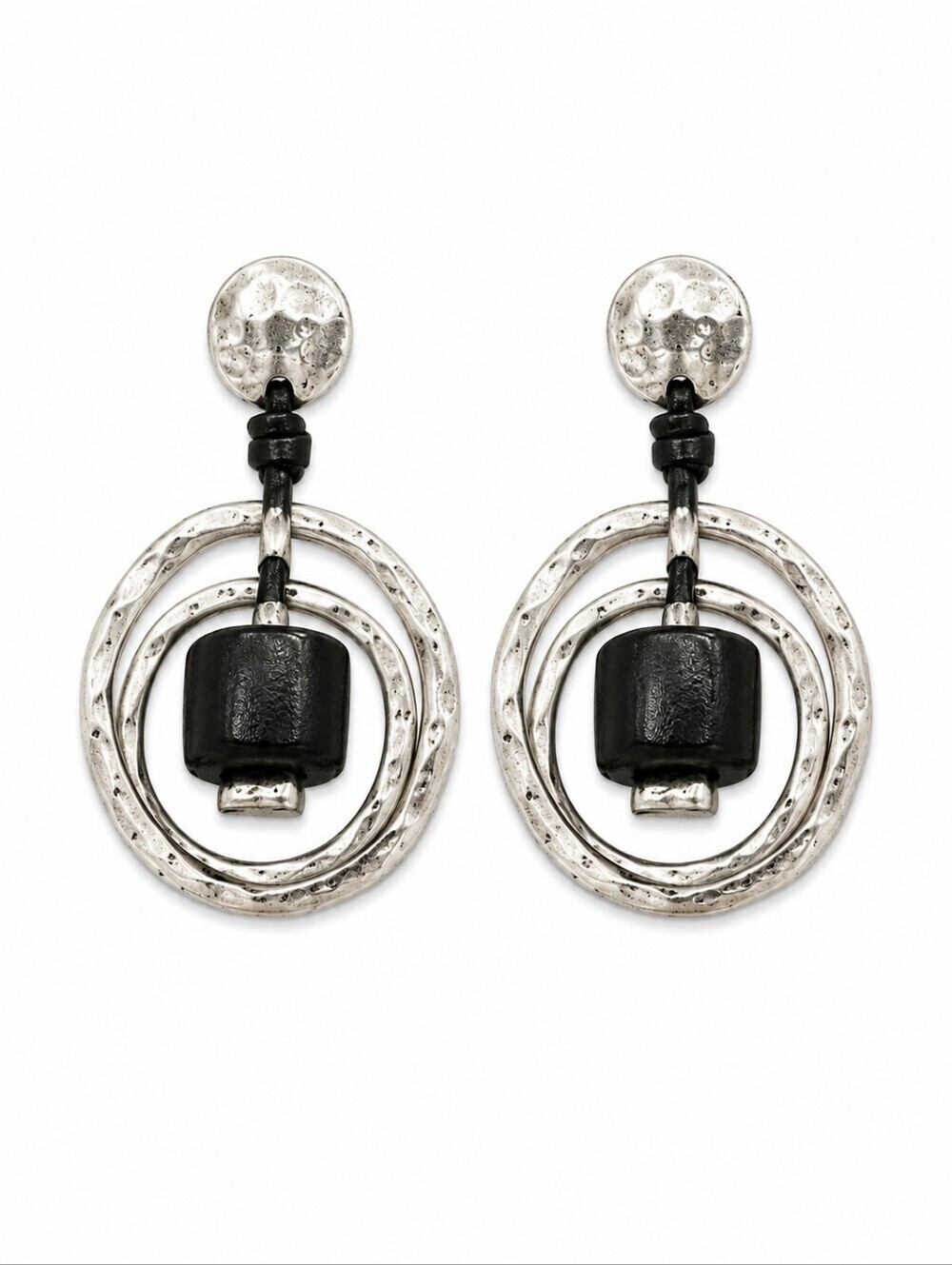 Silvertone Hammered Metal Leather Bead Circle Dangle Post Nebula Earrings